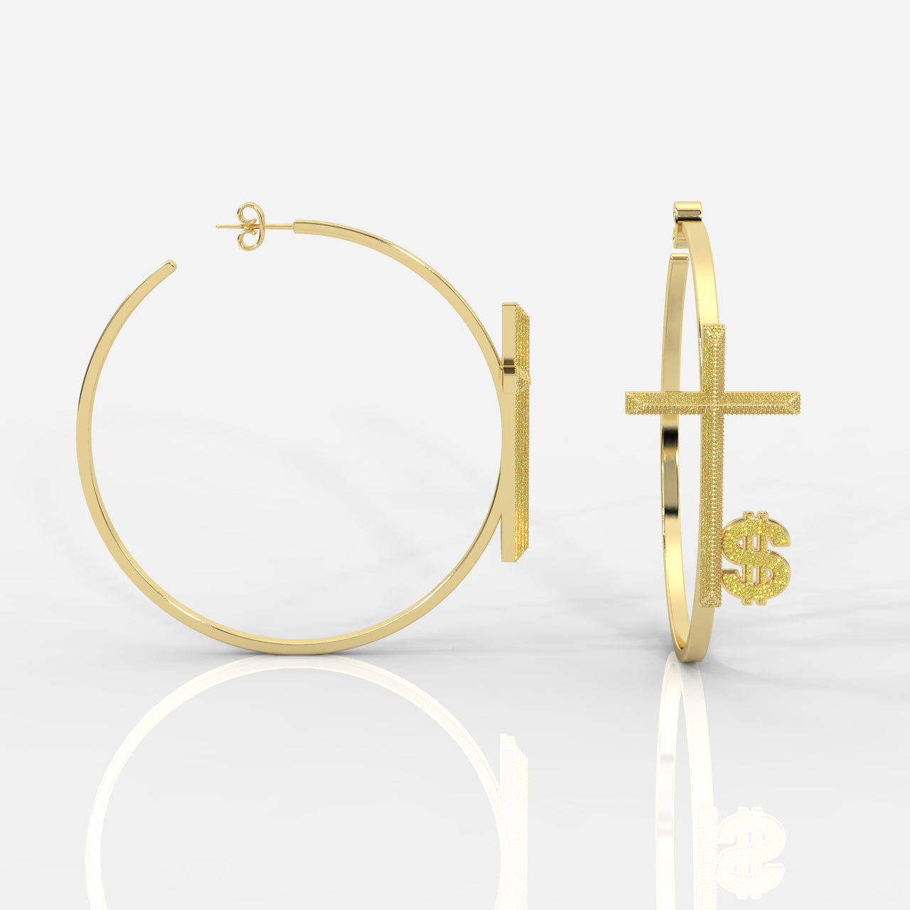 Gold hoop earrings with dollar sign design on a white background