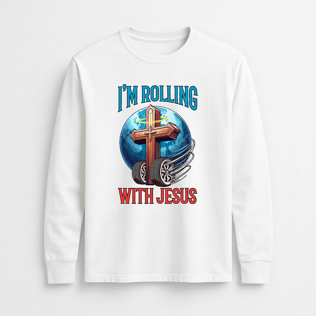 White sweatshirt with a graphic design featuring a cross, wheels, and text on a white background