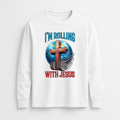 White sweatshirt with a graphic design featuring a cross, wheels, and text on a white background