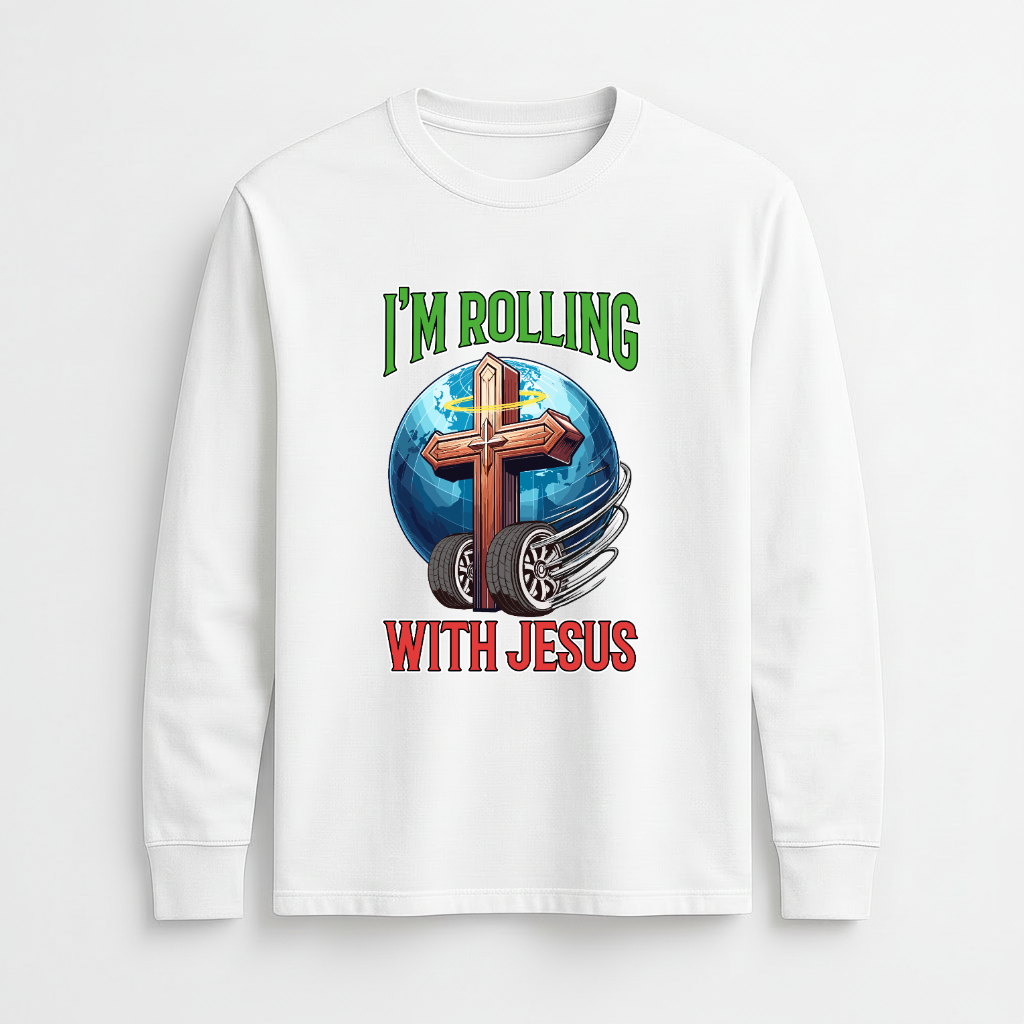 White sweatshirt with a graphic design featuring a cross, wheels, and text on a white background