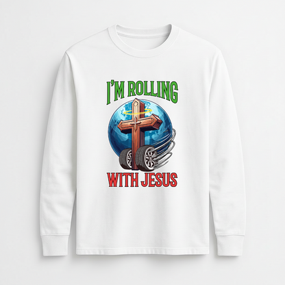 White sweatshirt with a graphic design featuring a cross, wheels, and text on a white background