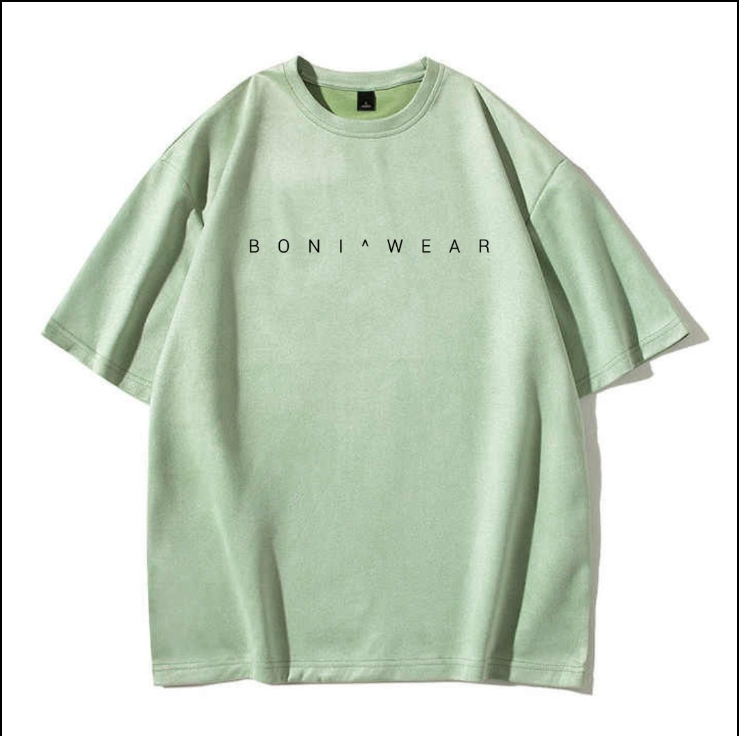 Light green t-shirt with 'BONI WEAR' logo on a white background