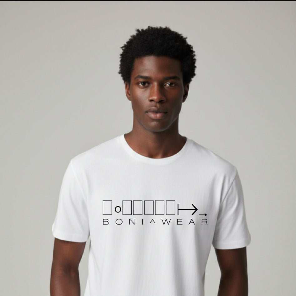 Person wearing a white t-shirt with 'BONIAWEAR' logo on a plain background