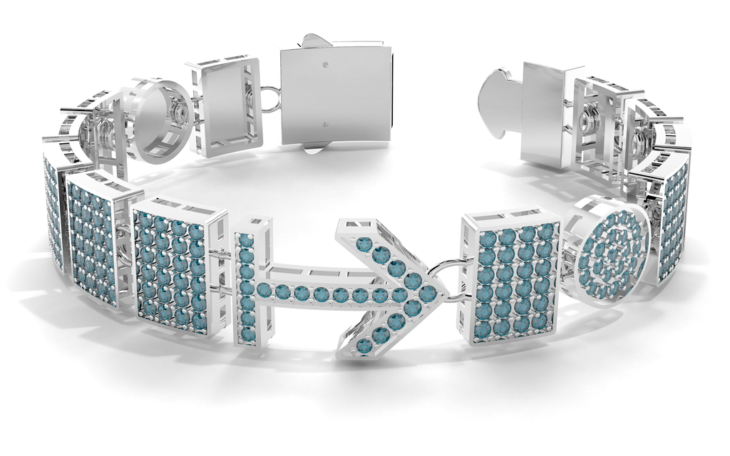 Silver bracelet with blue gemstones on a white background