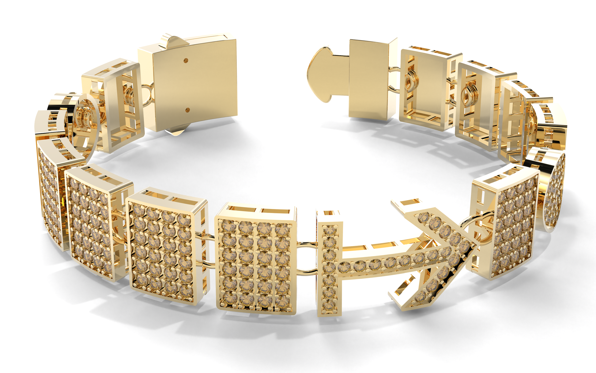 Gold bracelet with diamond accents on a white background