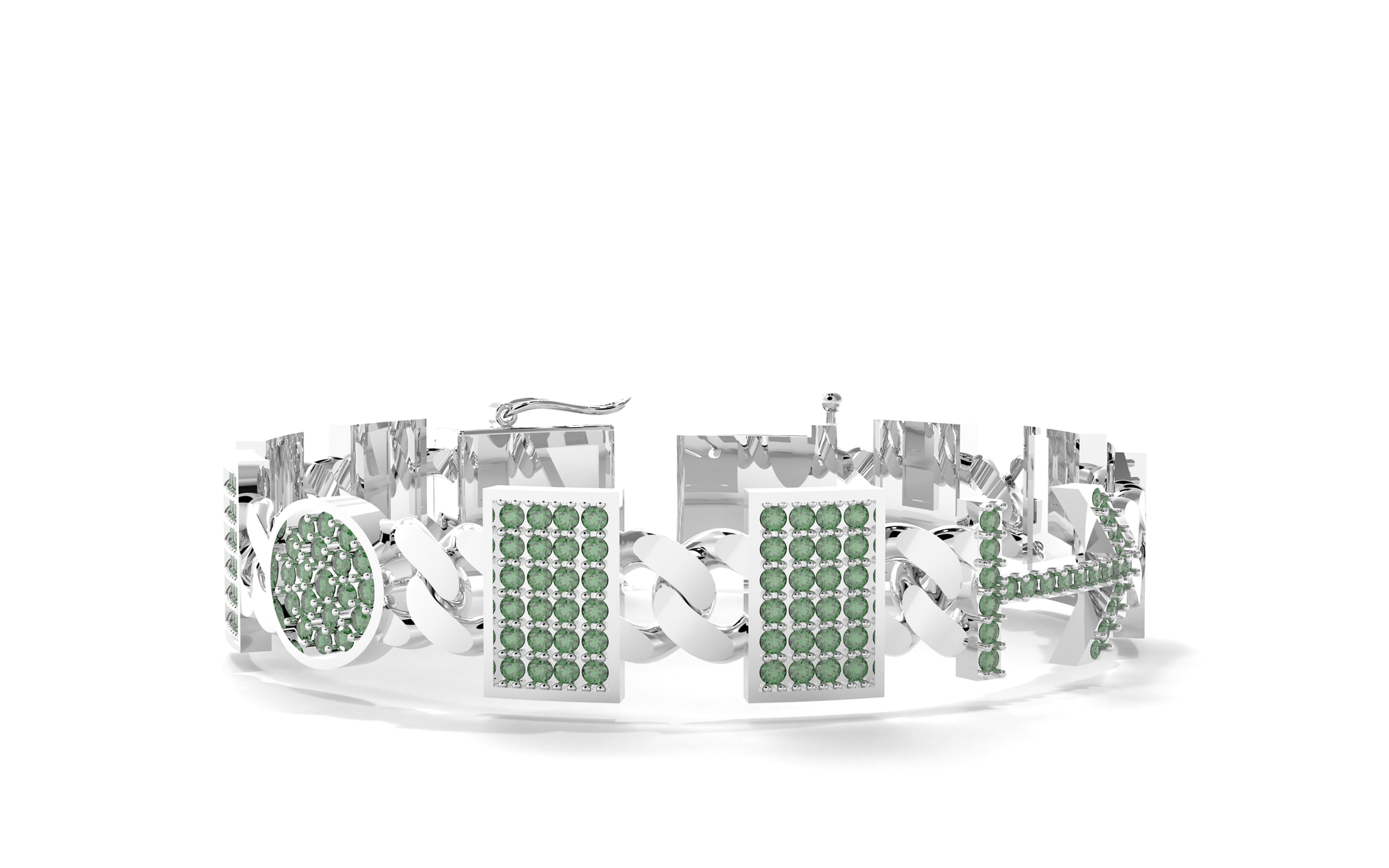 Silver bracelet with green gemstones on a white background