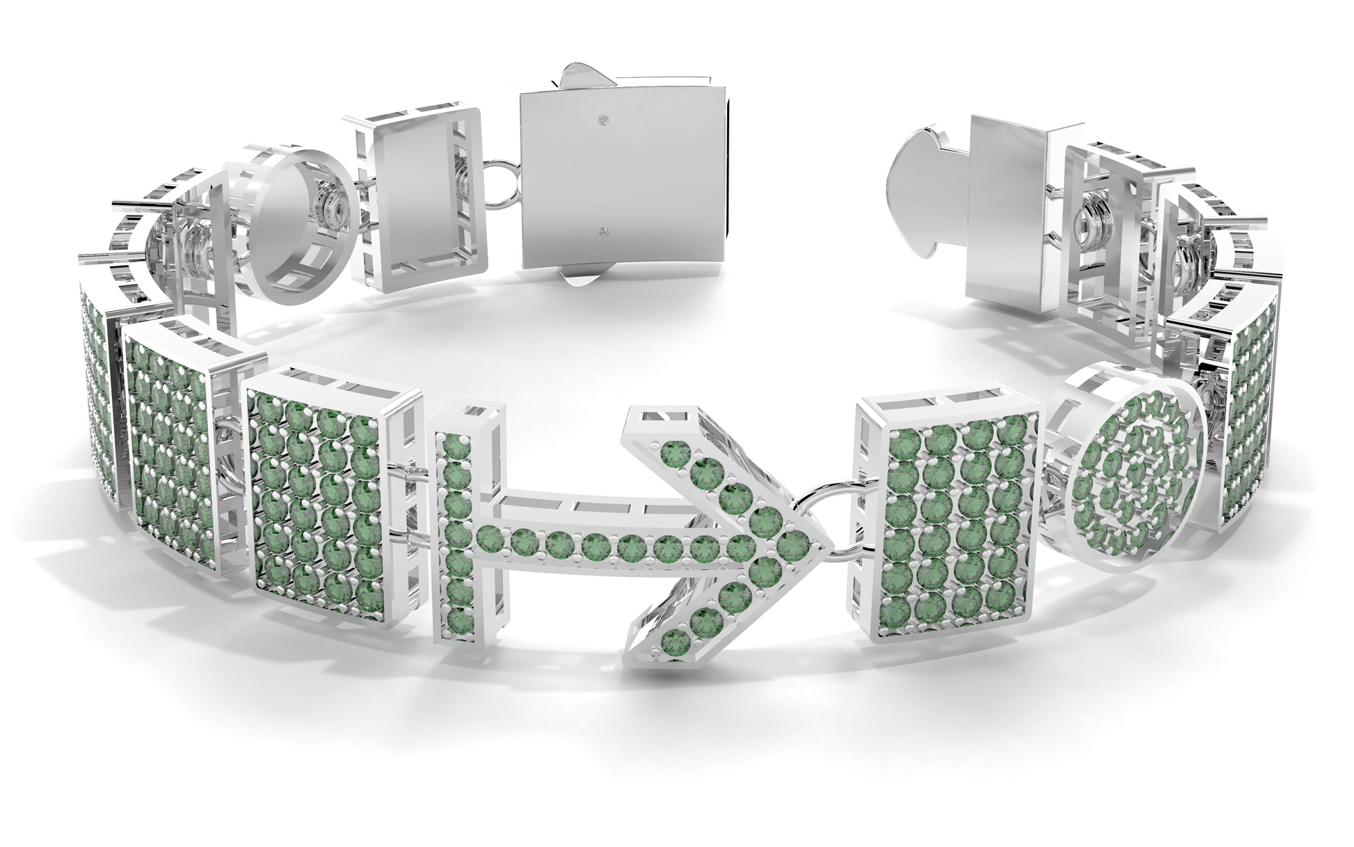 Female Silver bracelet with green gemstones on a white background