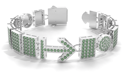 Female Silver bracelet with green gemstones on a white background