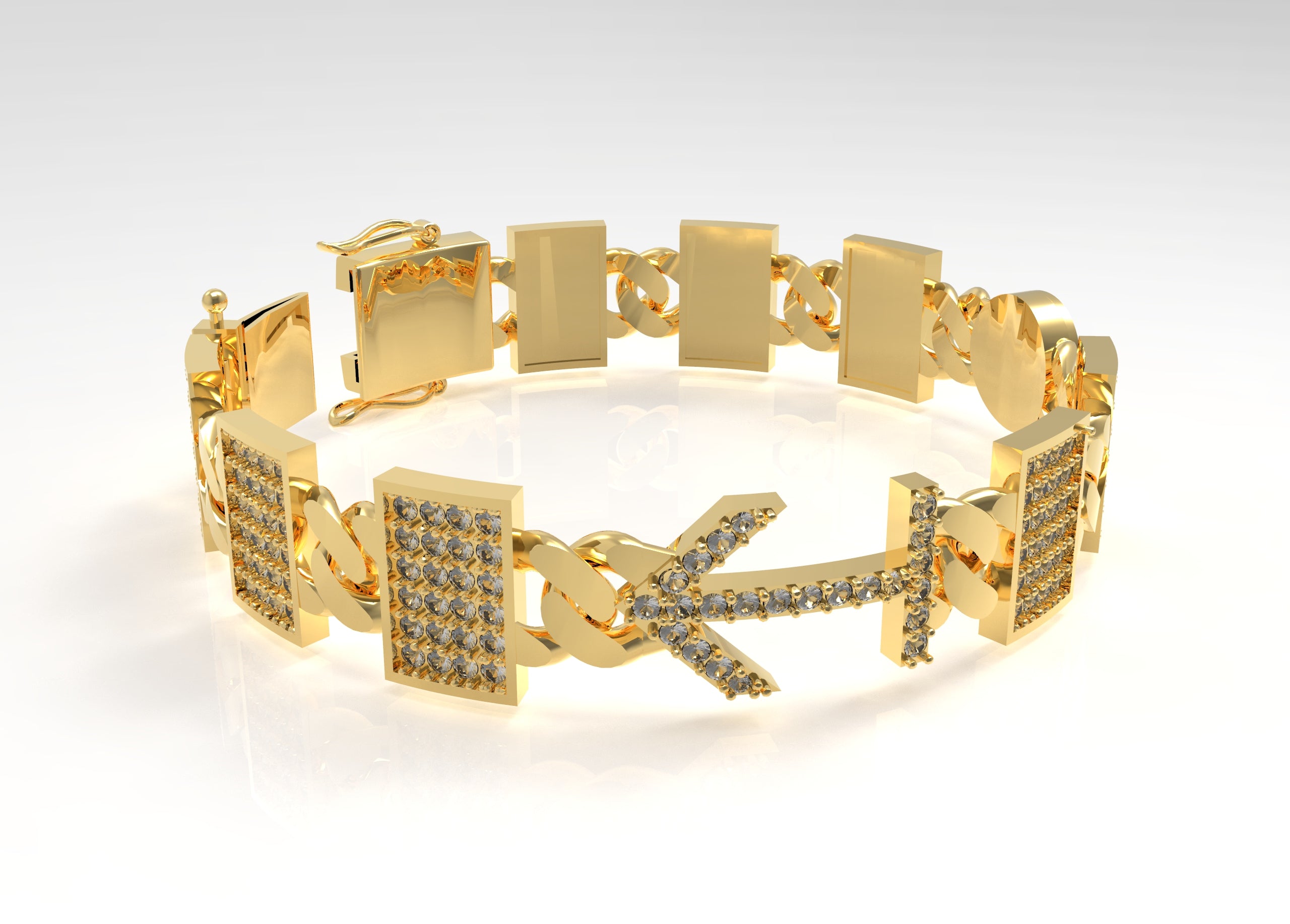 Gold bracelet with diamond accents on a white background
