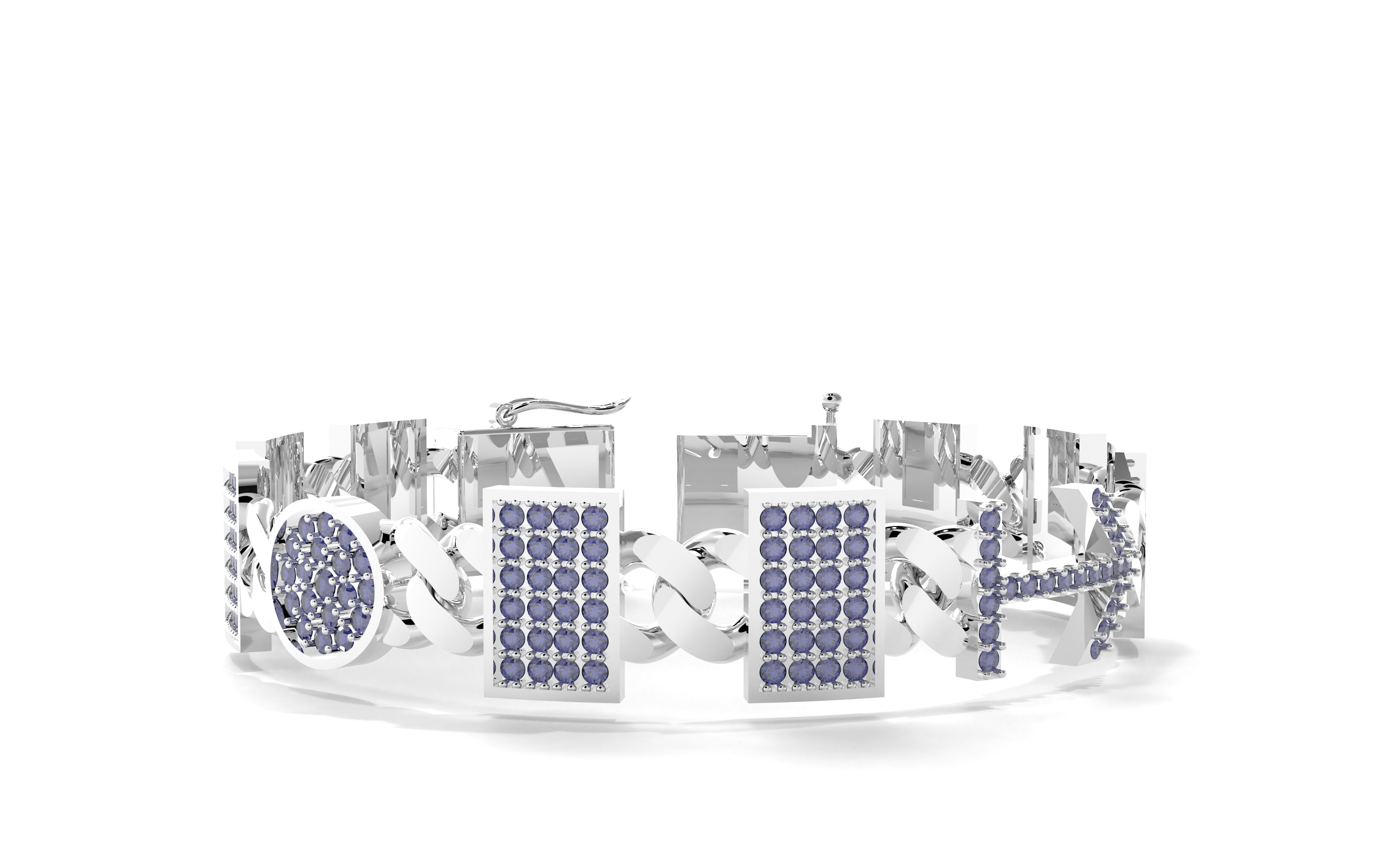 Silver bracelet with purple gemstones on a white background