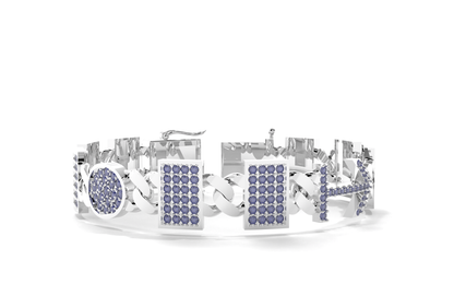 Silver bracelet with purple gemstones on a white background