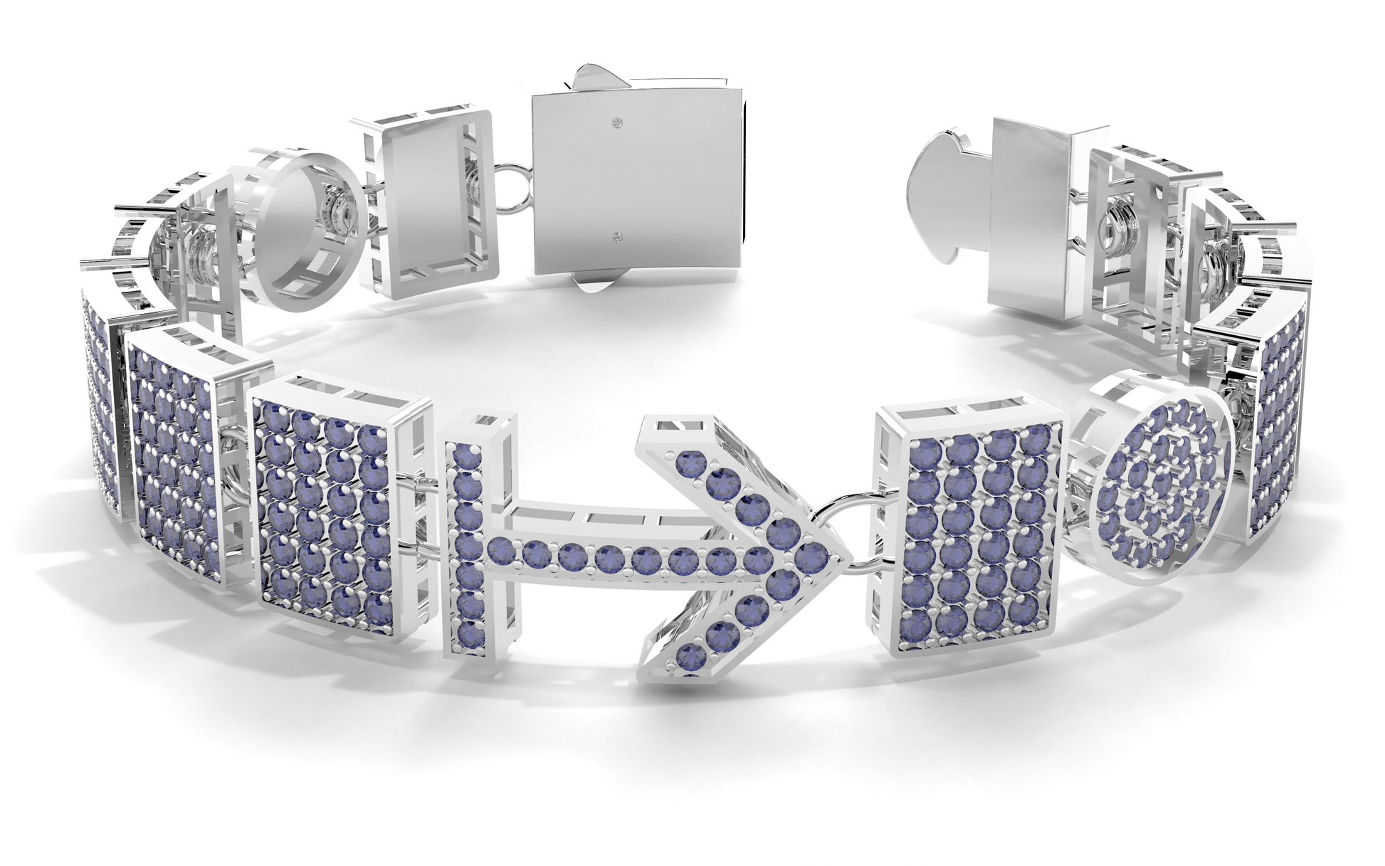 Silver bracelet with purple gemstones on a white background