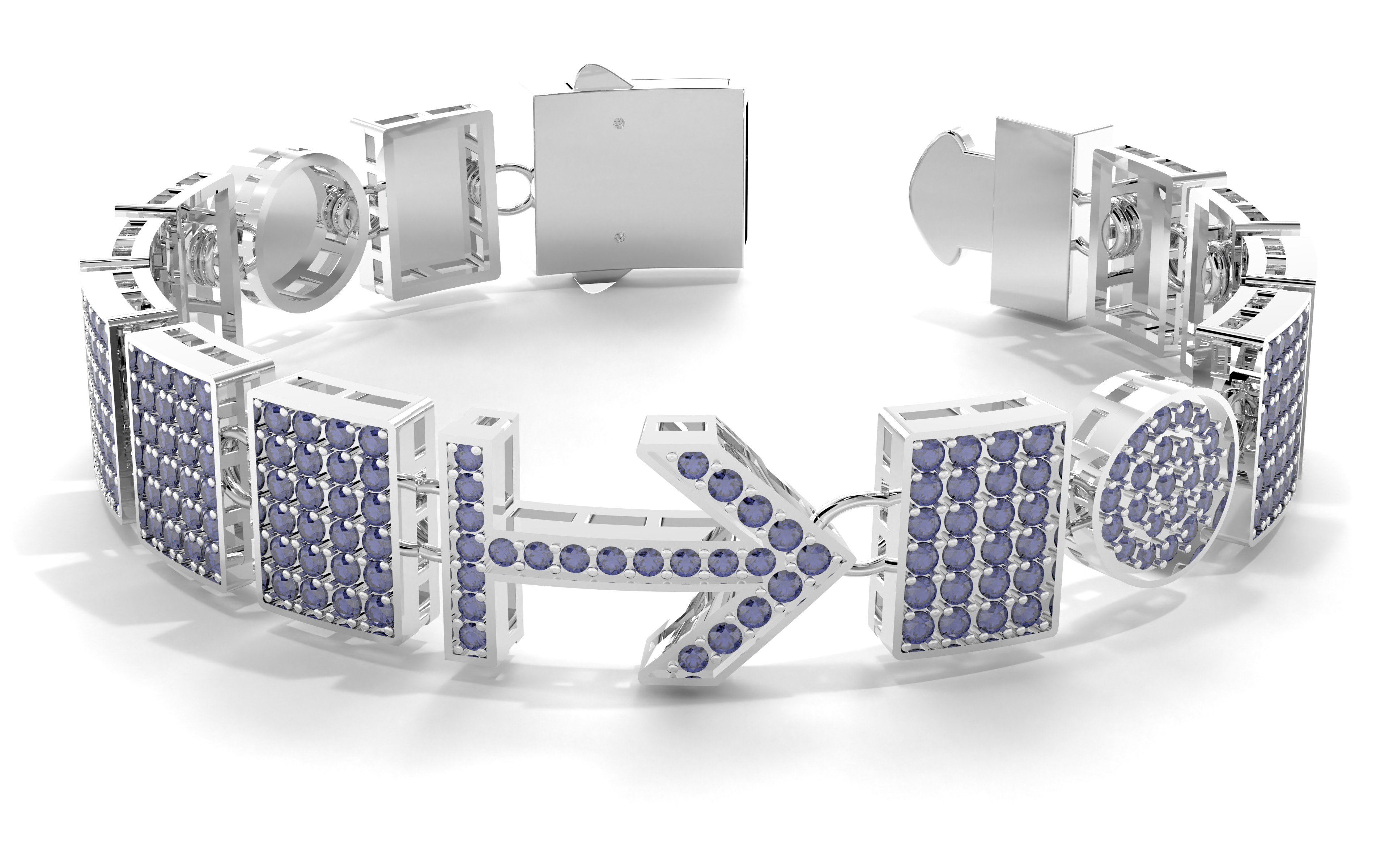 Silver bracelet with purple gemstones on a white background