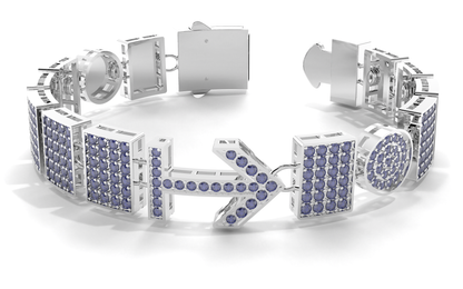 Silver bracelet with purple gemstones on a white background