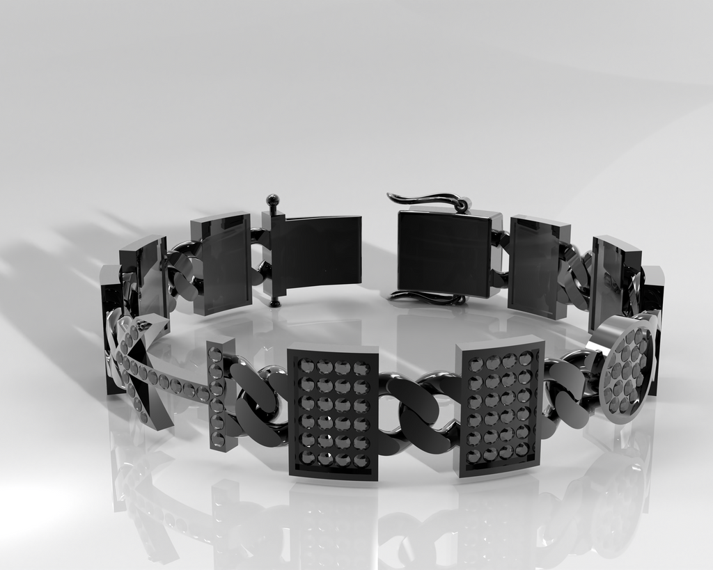 Black metal bracelet on a reflective surface with a white background