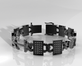 Black metal bracelet on a reflective surface with a white background