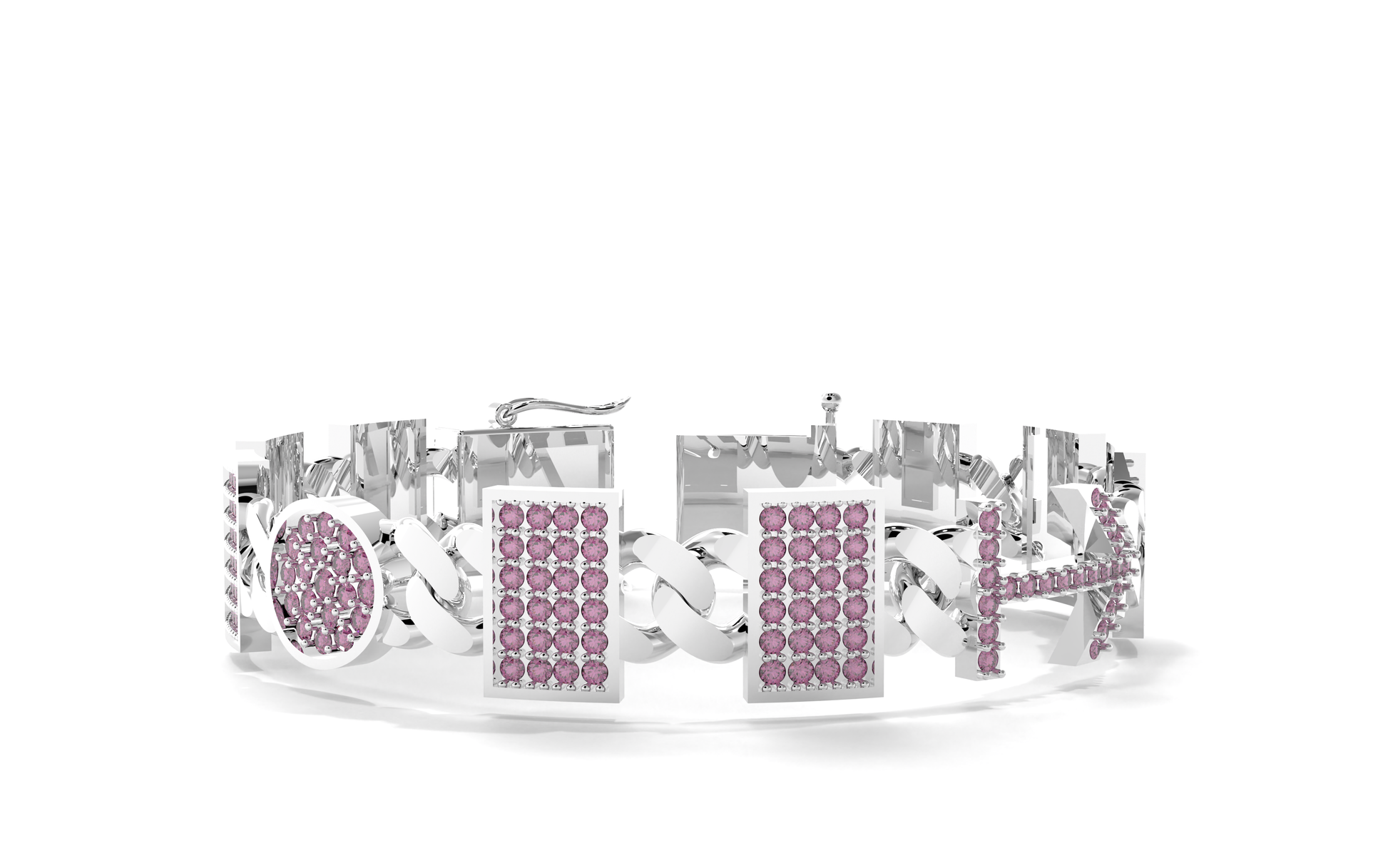 Silver bracelet with pink gemstones on a white background