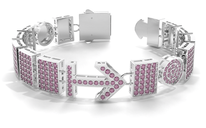 Silver bracelet with pink gemstones on a white background