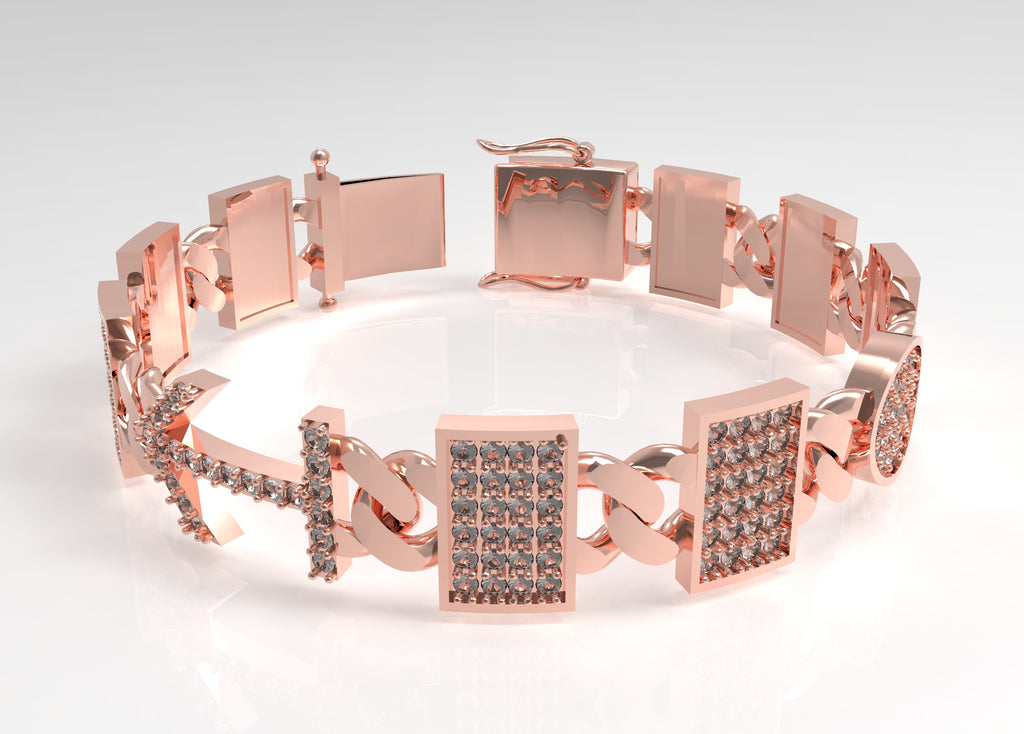 Rose gold bracelet with square links and embedded stones on a white background