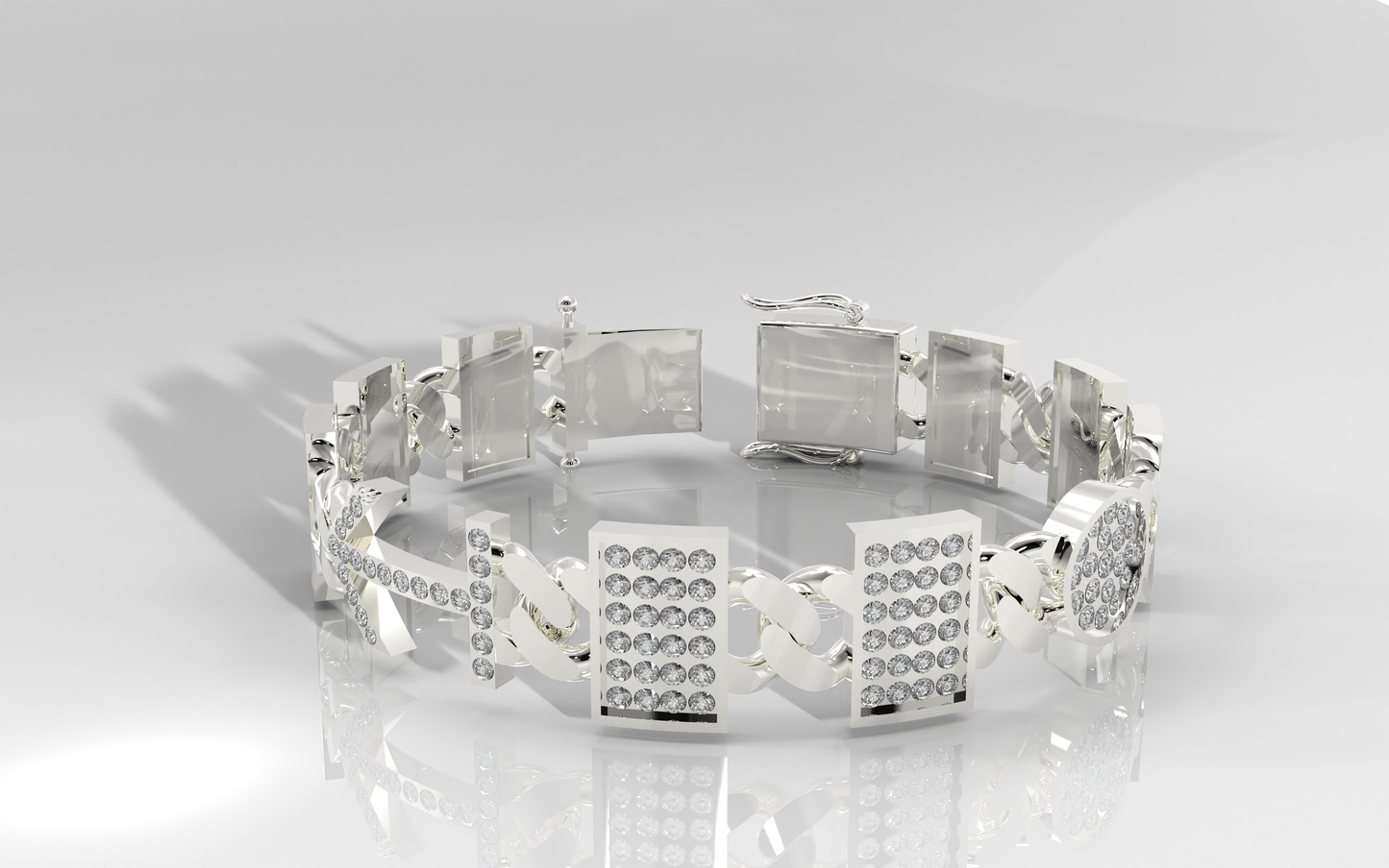Silver bracelet with square links on a reflective surface
