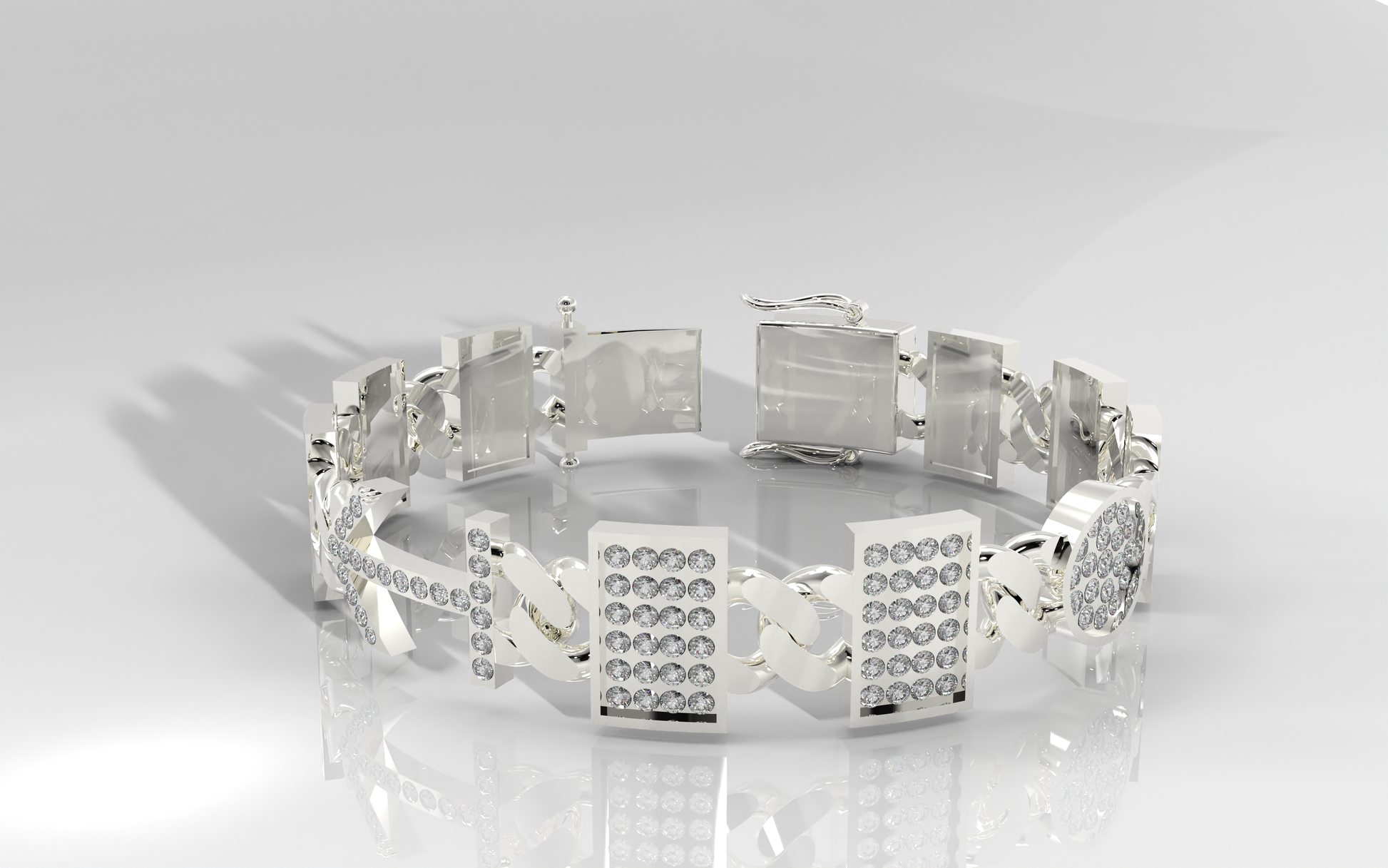 Silver bracelet with square links on a reflective surface