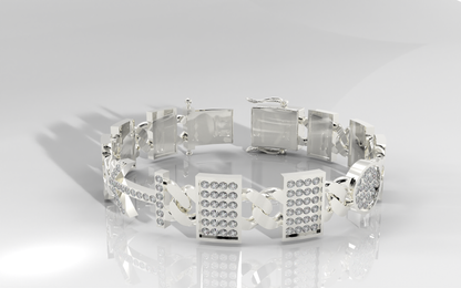 Silver bracelet with square links on a reflective surface