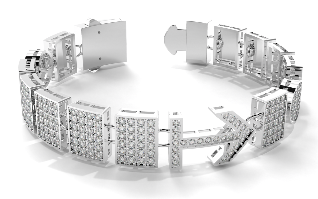 Silver bracelet with diamond accents on a white background