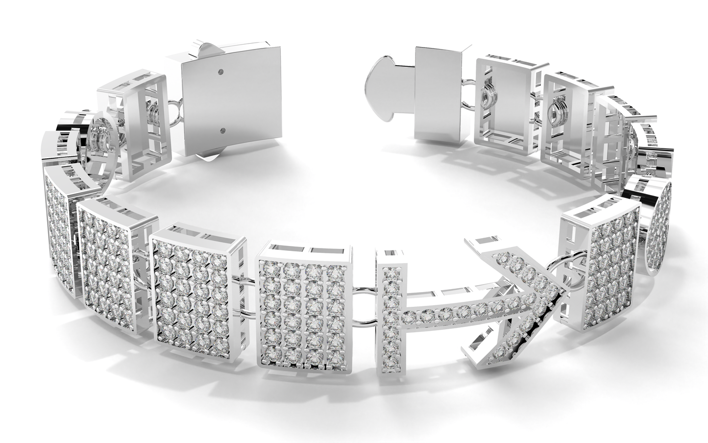 Silver bracelet with diamond accents on a white background