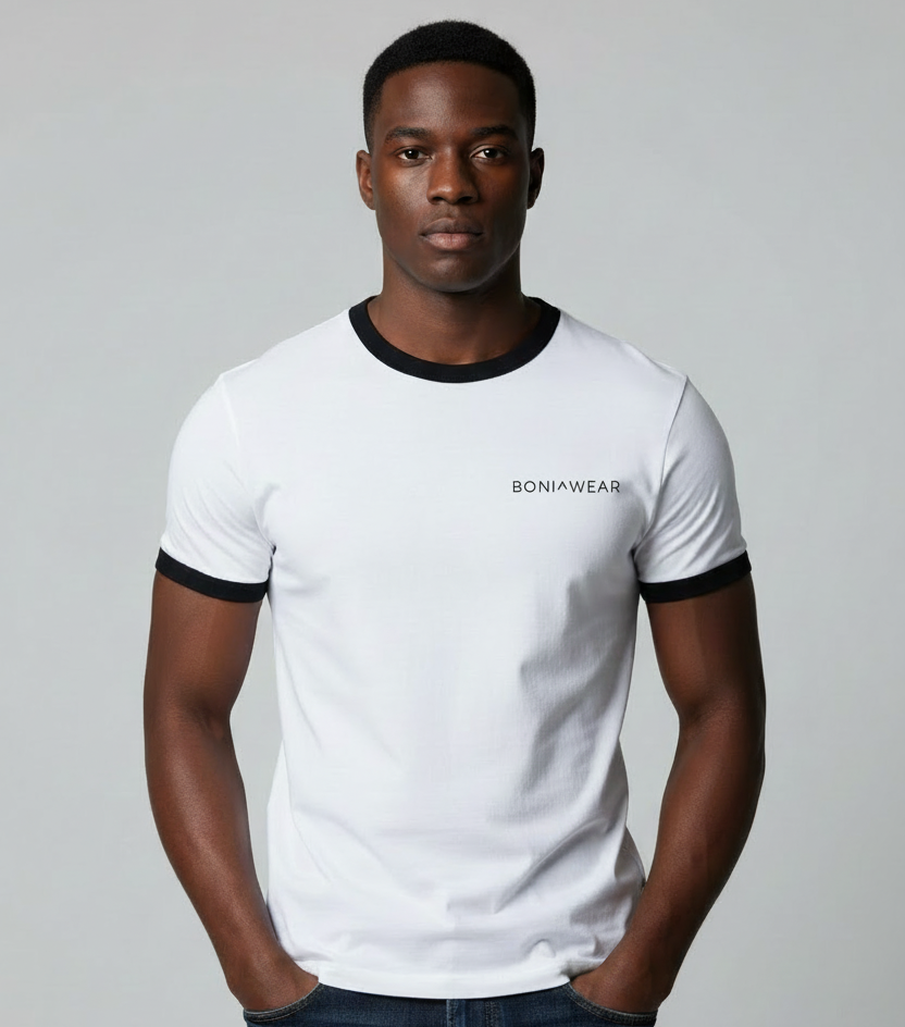 African American male wearing Boniwear ringer t-shirt