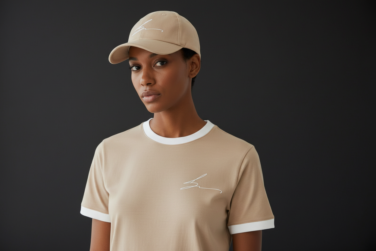 Beige and white ensemble with white logo