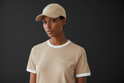 Beige and white ensemble with white logo