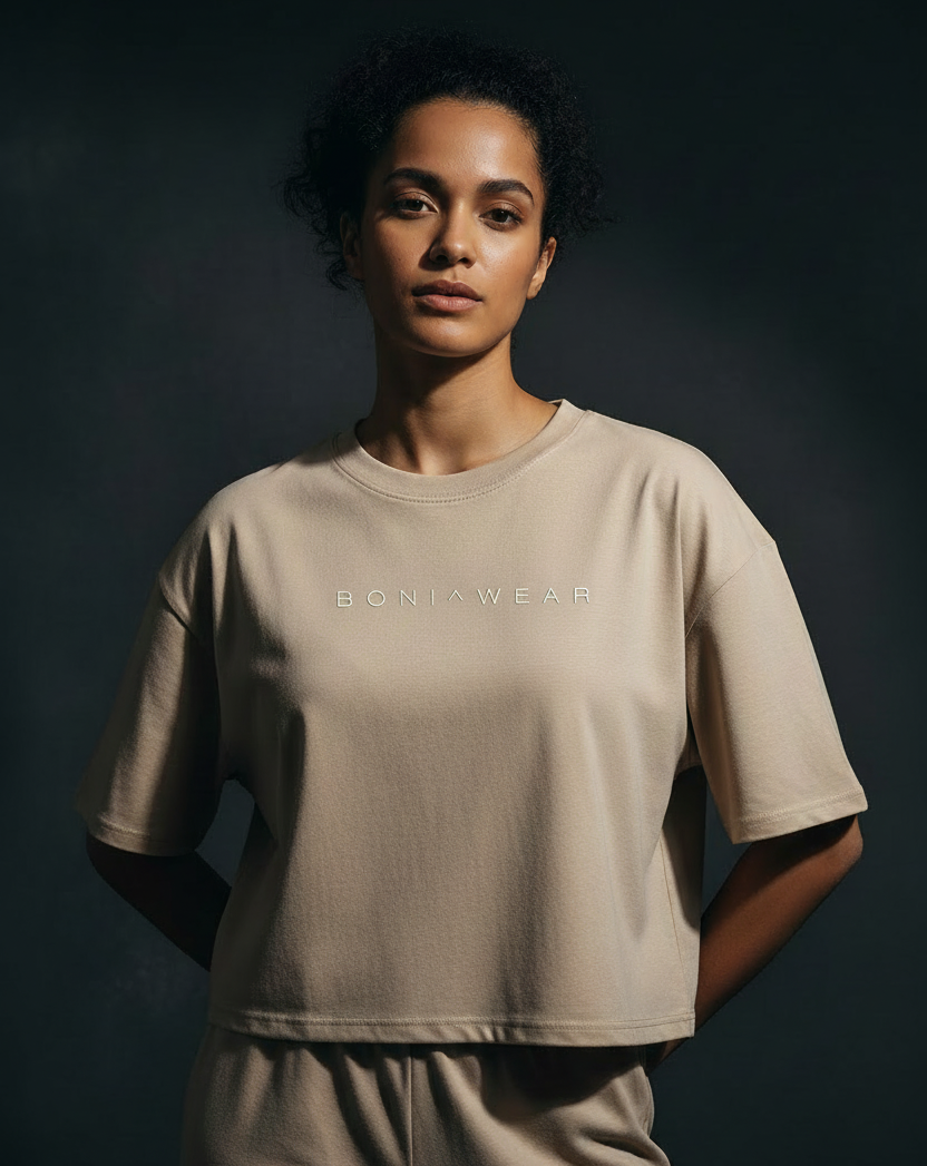 Beige boxy fit cropped tee with BONI^WEAR logo