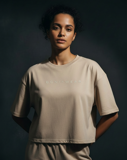 Beige boxy fit cropped tee with BONI^WEAR logo