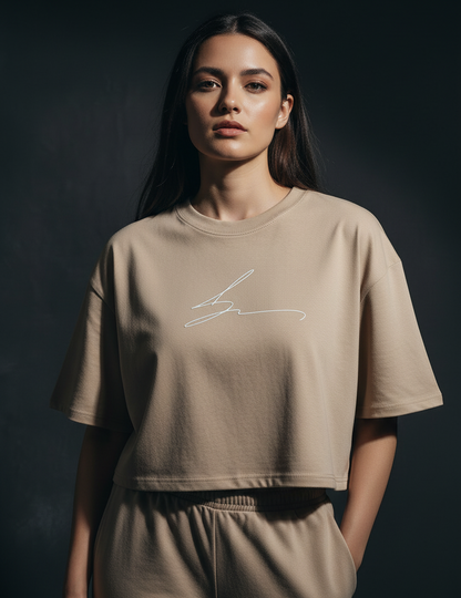 Beige boxy fit cropped tee with white logo