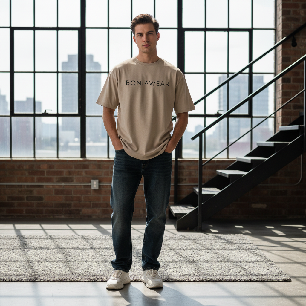 Beige bulky fit crew neck with Boniwear logo