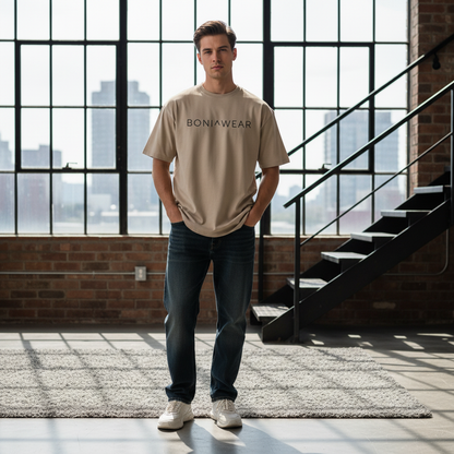 Beige bulky fit crew neck with Boniwear logo