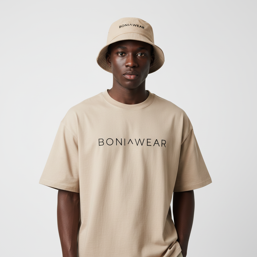 Beige bulky fit set with bucket hat