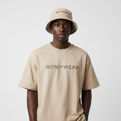 Beige bulky fit set with bucket hat