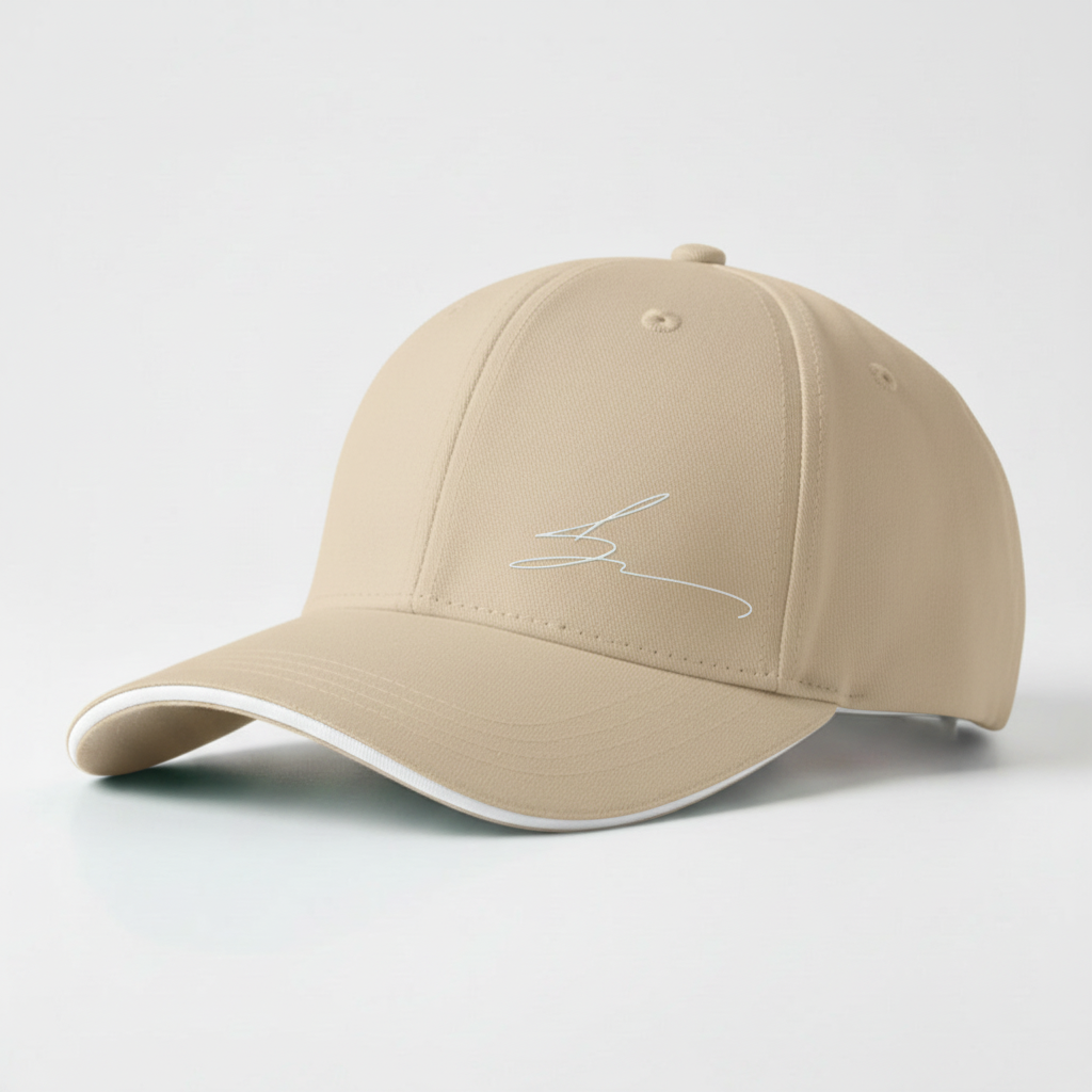 Beige cap with white trim and white logo