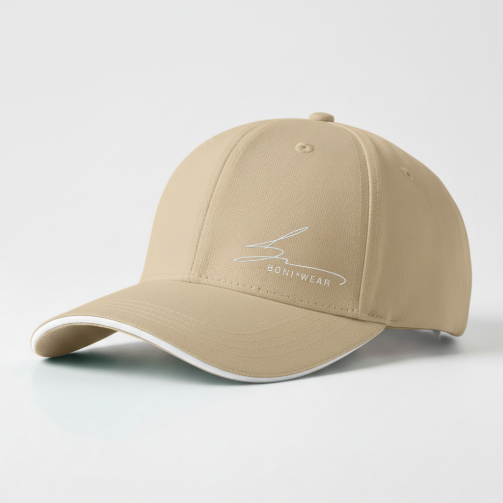 Beige cap with white trim and white logo