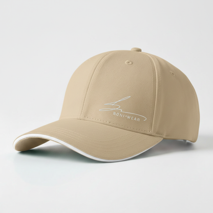 Beige cap with white trim and white logo