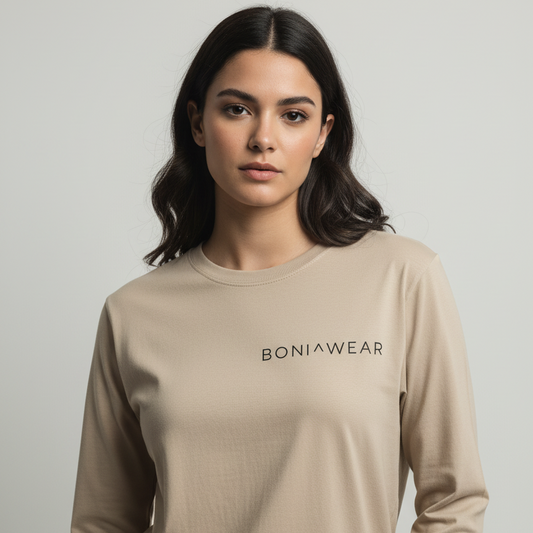 Beige long sleeve tee with BONIWEAR logo