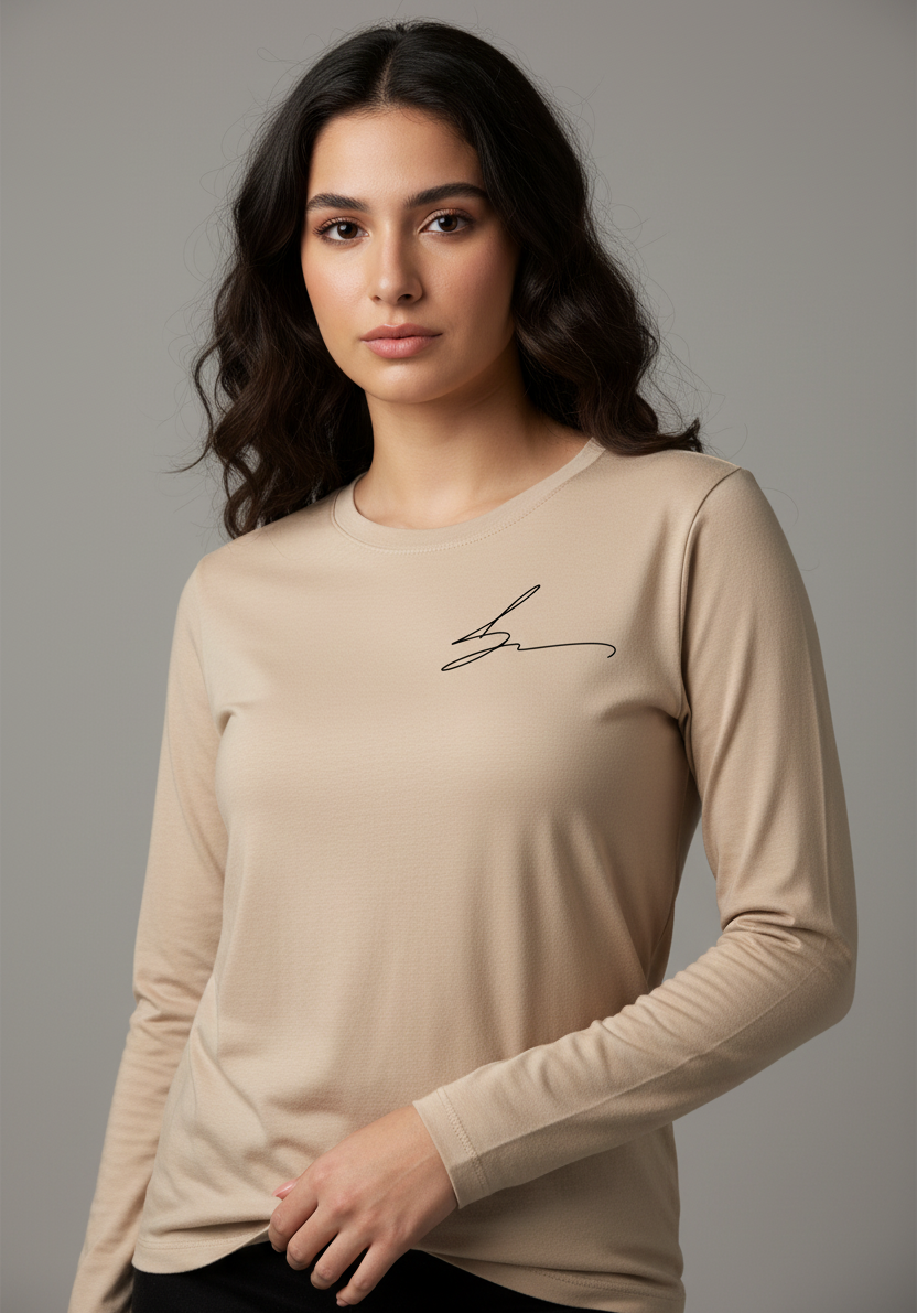 Beige long sleeve tee with signature logo