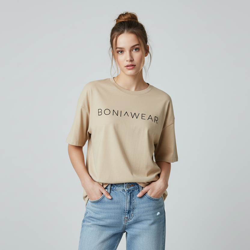 Beige oversized t-shirt with BONIWEAR logo