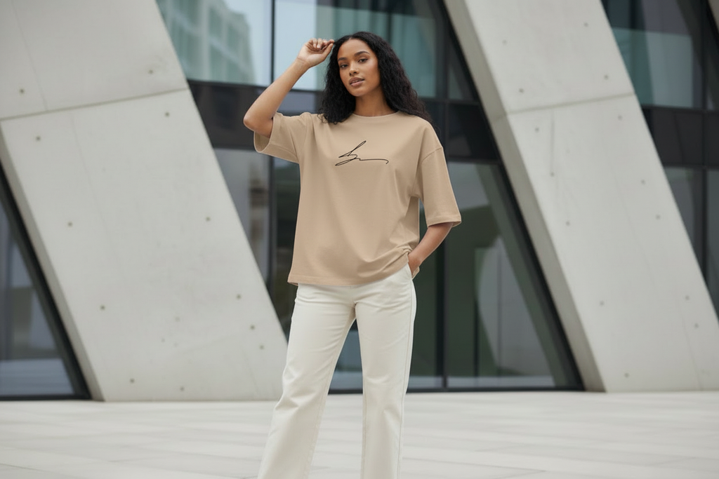 Beige oversized t-shirt with signature logo