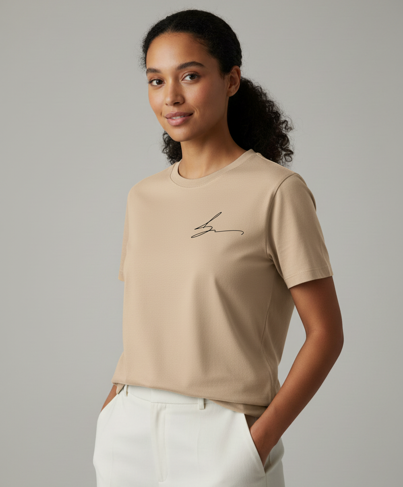 Beige short sleeve tee with signature logo