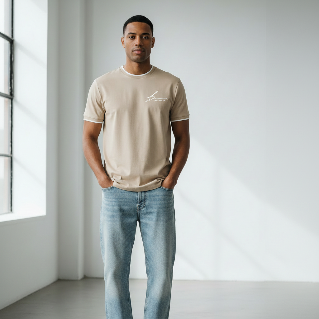 Beige with white trim and white logo