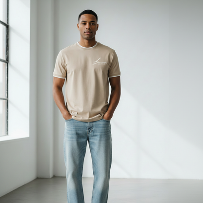 Beige with white trim and white logo