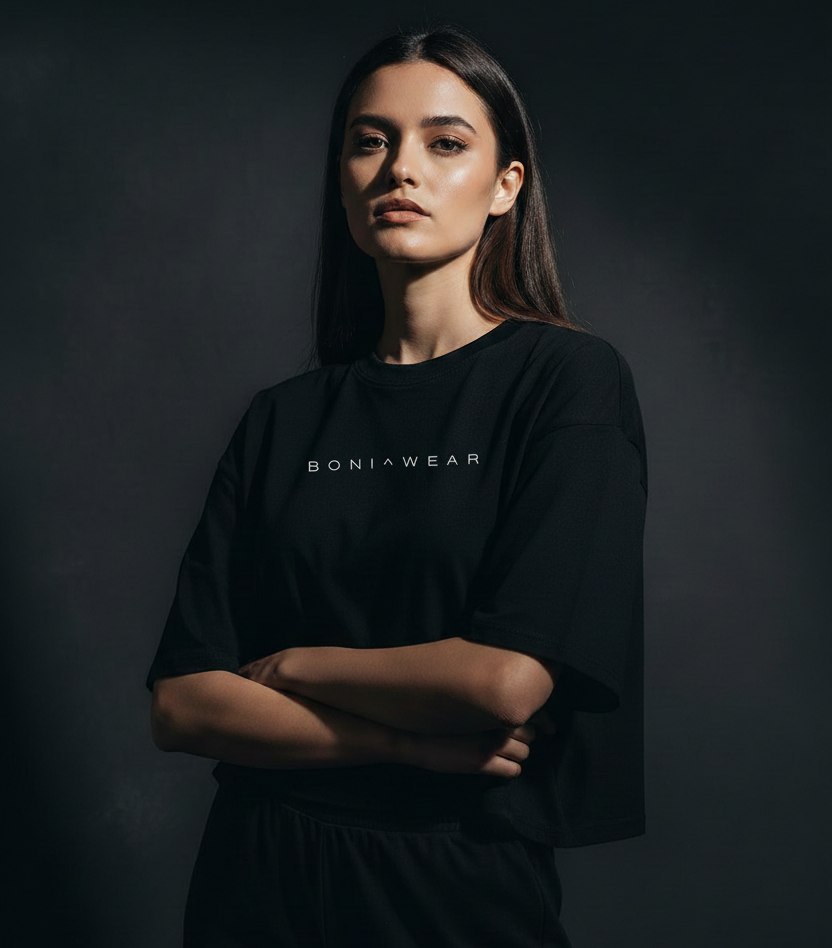 Black boxy fit cropped tee with BONI^WEAR logo