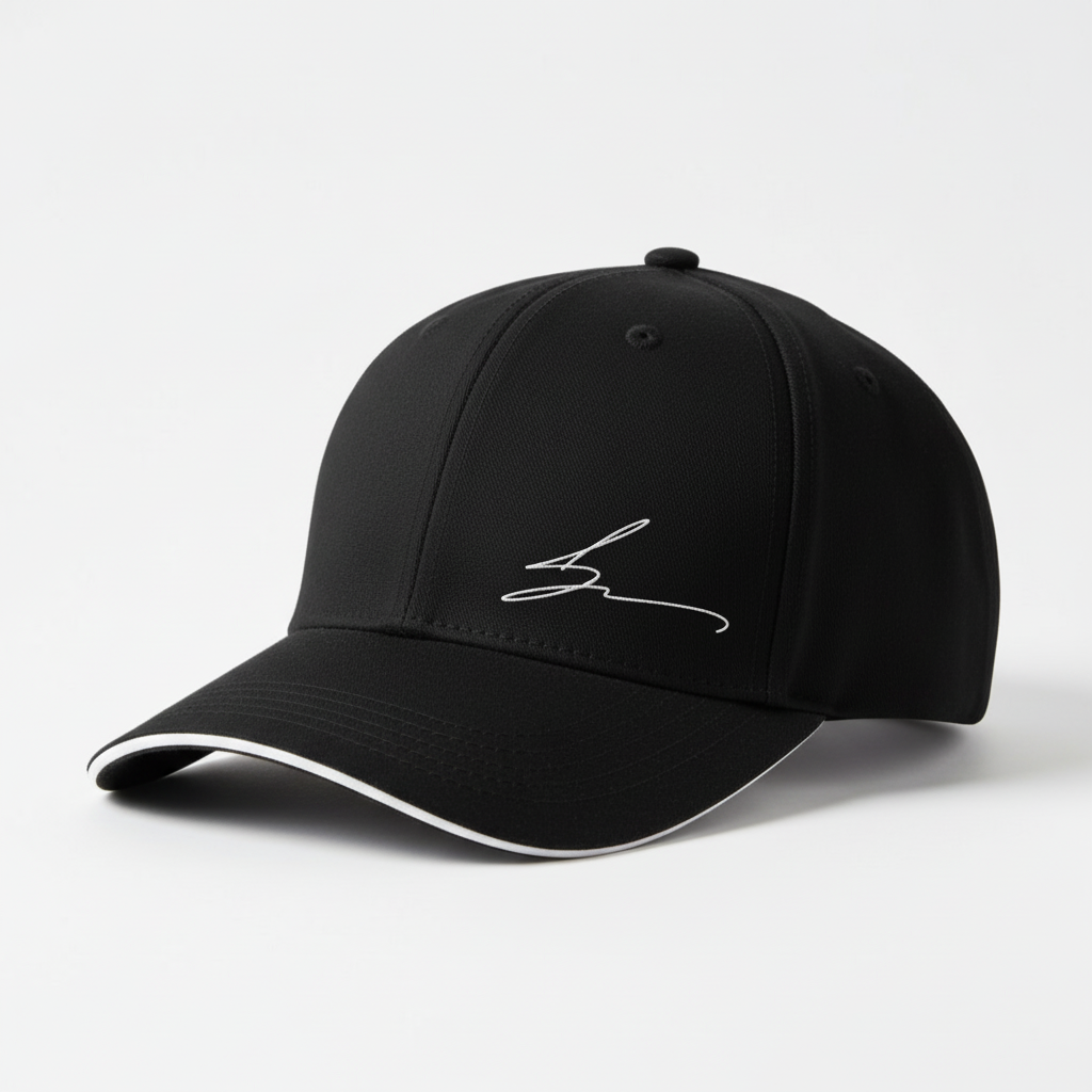 Black cap with white trim and white logo